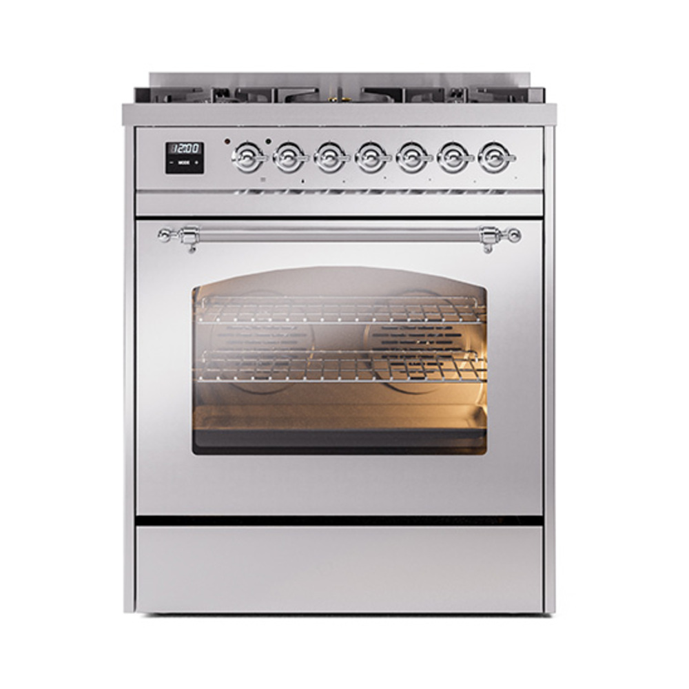 Nostalgie II Series 30 inch Freestanding Dual Fuel Range with Natural Gas, 5 Sealed Burners, 4 cu. ft. Total Oven Capacity, Convection Oven, Continuous Grates, Storage Drawer with Chrome Trim UP30NMPSSC