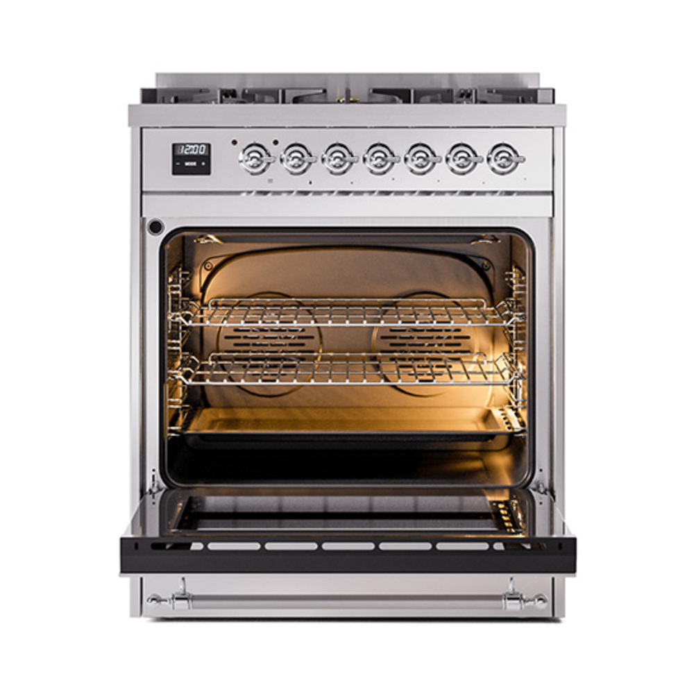 Nostalgie II Series 30 inch Freestanding Dual Fuel Range with Natural Gas, 5 Sealed Burners, 4 cu. ft. Total Oven Capacity, Convection Oven, Continuous Grates, Storage Drawer with Chrome Trim UP30NMPSSC