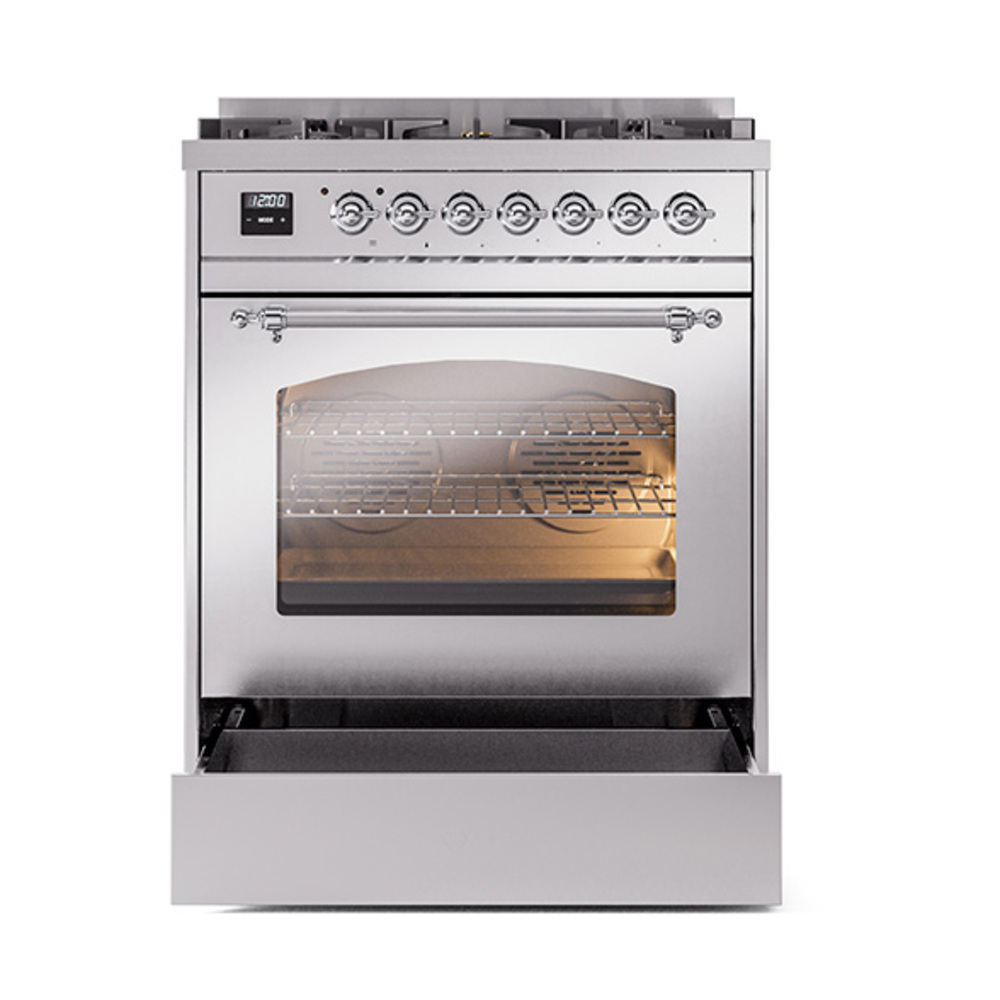 Nostalgie II Series 30 inch Freestanding Dual Fuel Range with Natural Gas, 5 Sealed Burners, 4 cu. ft. Total Oven Capacity, Convection Oven, Continuous Grates, Storage Drawer with Chrome Trim UP30NMPSSC