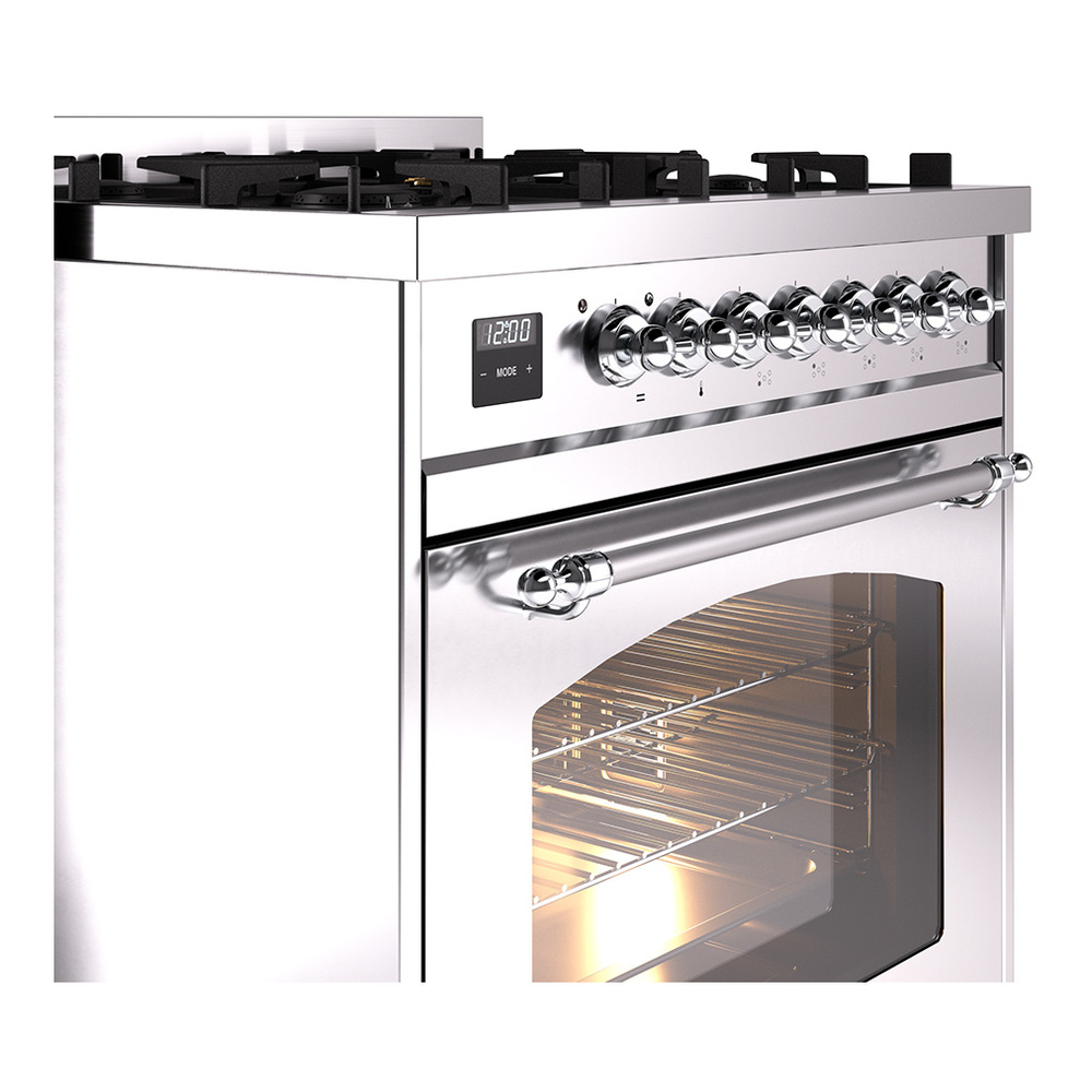 Nostalgie II Series 30 inch Freestanding Dual Fuel Range with Natural Gas, 5 Sealed Burners, 4 cu. ft. Total Oven Capacity, Convection Oven, Continuous Grates, Storage Drawer with Chrome Trim UP30NMPSSC
