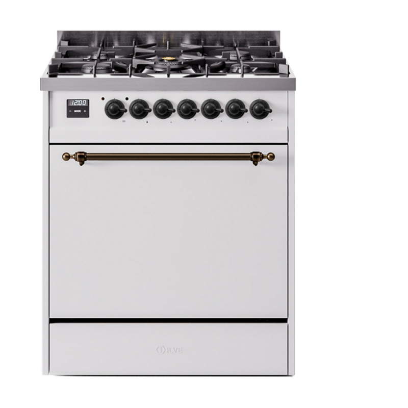 Nostalgie II 30 UP30QNMPWHB Freestanding Dual Fuel Range with 5 Sealed Burners Single Oven with Solid Door with Bronze knobs UP30QNMPWHBLP