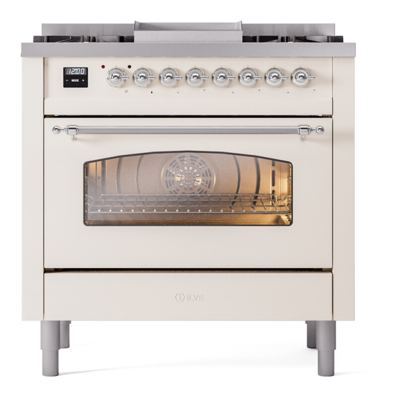 Nostalgie II 36 UP36FNMPAWC Freestanding Dual Fuel Range with 6 Sealed Burners with Griddle Single Oven with Triple Glass Door with Chrome knobs UP36FNMPAWCLP