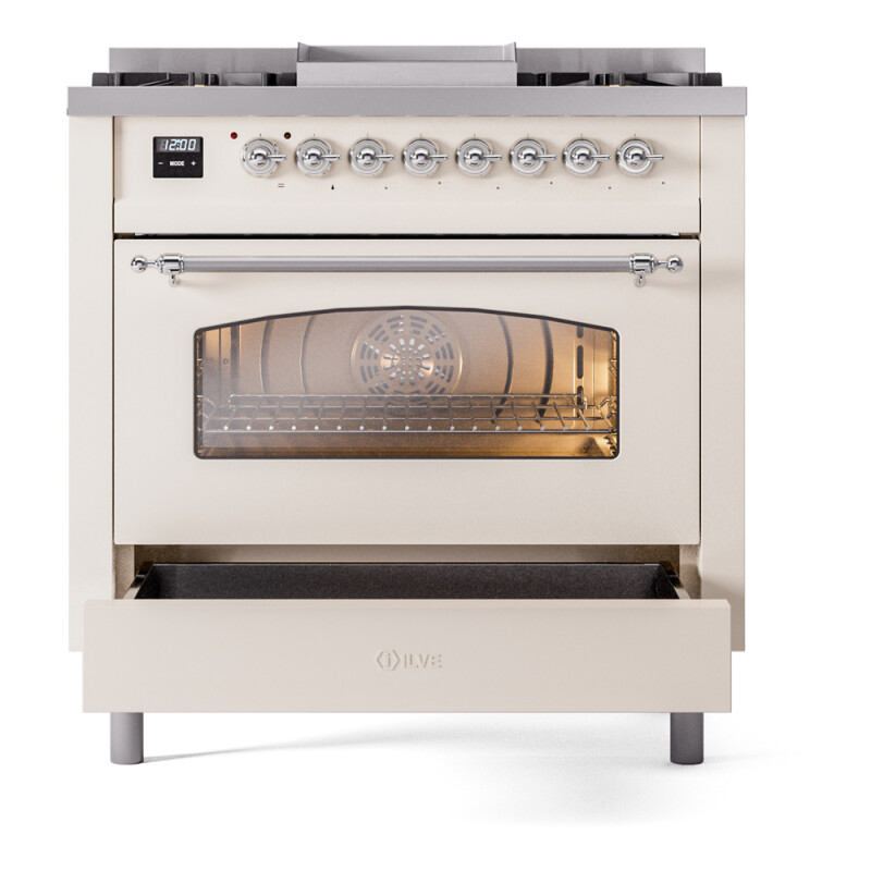 Nostalgie II 36 UP36FNMPAWC Freestanding Dual Fuel Range with 6 Sealed Burners with Griddle Single Oven with Triple Glass Door with Chrome knobs UP36FNMPAWCLP