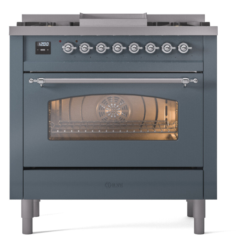 Nostalgie II 36 UP36FNMPBGC Freestanding Dual Fuel Range with 6 Sealed Burners with Griddle Single Oven with Triple Glass Door with Chrome knobs UP36FNMPBGCLP
