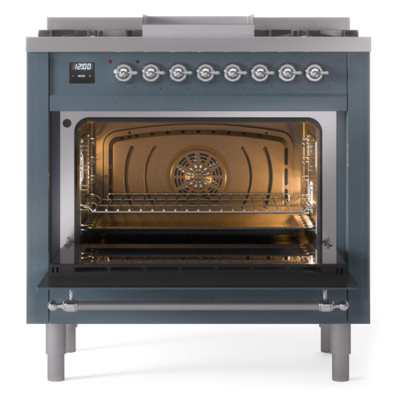 Nostalgie II 36 UP36FNMPBGC Freestanding Dual Fuel Range with 6 Sealed Burners with Griddle Single Oven with Triple Glass Door with Chrome knobs UP36FNMPBGCLP