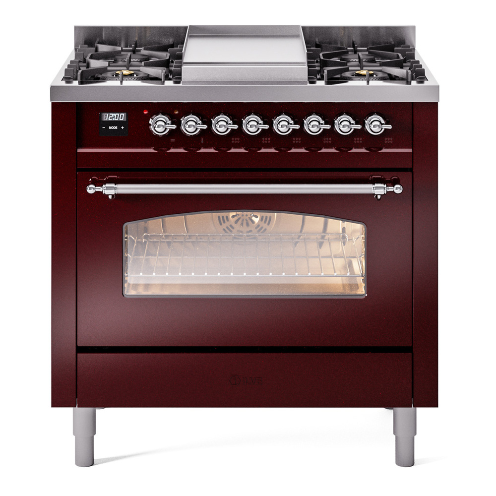 Nostalgie II 36 UP36FNMPBUC Freestanding Dual Fuel Range with 6 Sealed Burners with Griddle Single Oven with Triple Glass Door with Chrome knobs UP36FNMPBUCLP