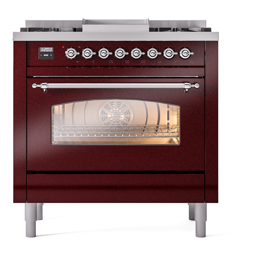 Nostalgie II 36 UP36FNMPBUC Freestanding Dual Fuel Range with 6 Sealed Burners with Griddle Single Oven with Triple Glass Door with Chrome knobs UP36FNMPBUCLP