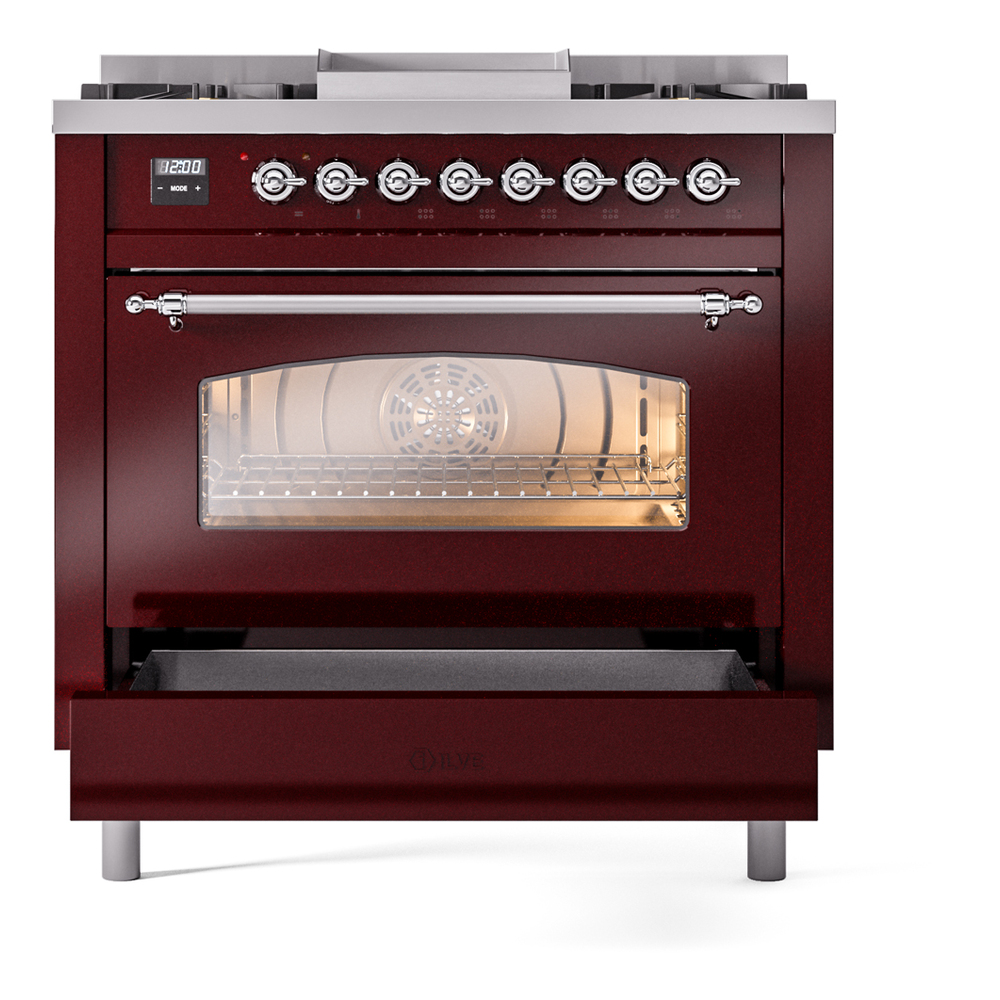 Nostalgie II 36 UP36FNMPBUC Freestanding Dual Fuel Range with 6 Sealed Burners with Griddle Single Oven with Triple Glass Door with Chrome knobs UP36FNMPBUCLP