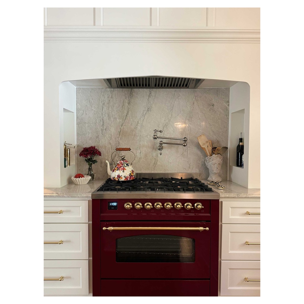 Nostalgie II 36 UP36FNMPBUG Freestanding Dual Fuel Range with 6 Sealed Burners with Griddle Single Oven with Triple Glass Door with Brass knobs UP36FNMPBUGLP