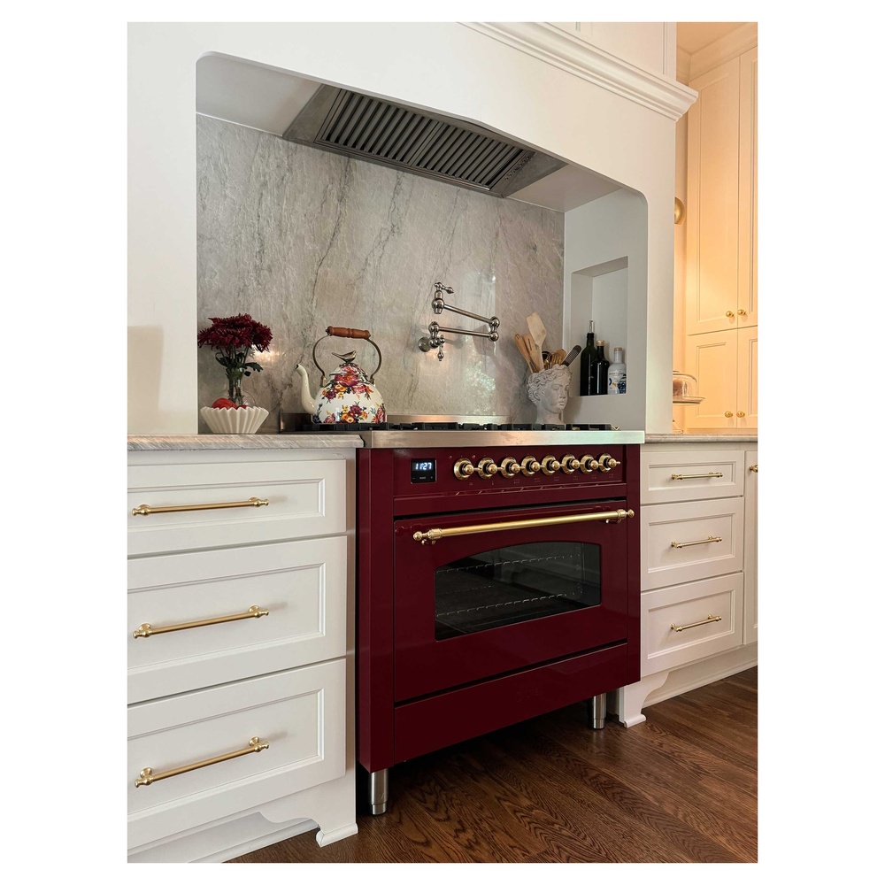 Nostalgie II 36 UP36FNMPBUG Freestanding Dual Fuel Range with 6 Sealed Burners with Griddle Single Oven with Triple Glass Door with Brass knobs UP36FNMPBUGLP