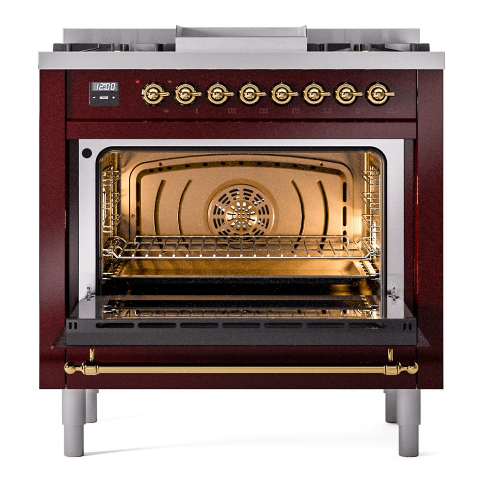 Nostalgie II 36 UP36FNMPBUG Freestanding Dual Fuel Range with 6 Sealed Burners with Griddle Single Oven with Triple Glass Door with Brass knobs UP36FNMPBUGLP