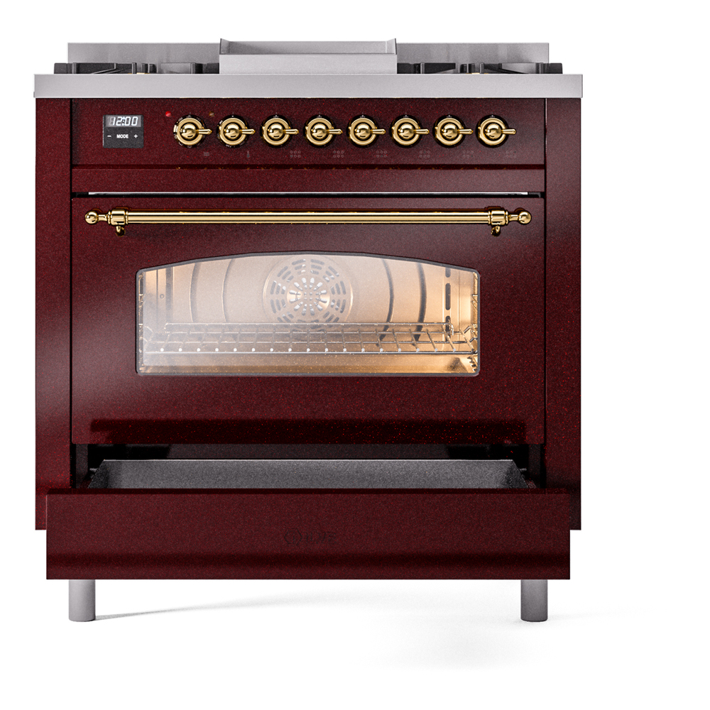 Nostalgie II 36 UP36FNMPBUG Freestanding Dual Fuel Range with 6 Sealed Burners with Griddle Single Oven with Triple Glass Door with Brass knobs UP36FNMPBUGLP