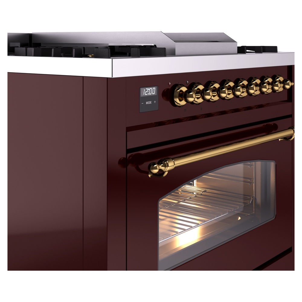 Nostalgie II 36 UP36FNMPBUG Freestanding Dual Fuel Range with 6 Sealed Burners with Griddle Single Oven with Triple Glass Door with Brass knobs UP36FNMPBUGLP