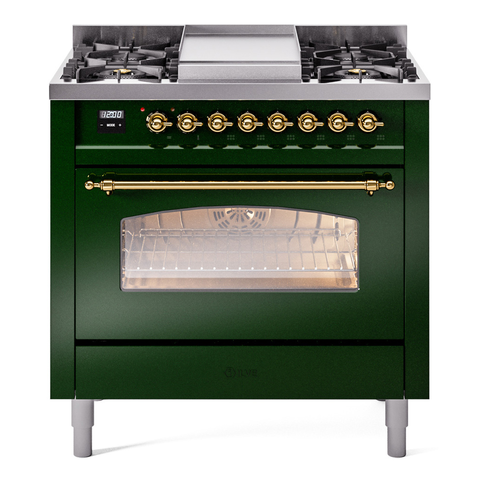 Nostalgie II 36 UP36FNMPEGG Freestanding Dual Fuel Range with 6 Sealed Burners with Griddle Single Oven with Triple Glass Door with Brass knobs UP36FNMPEGG