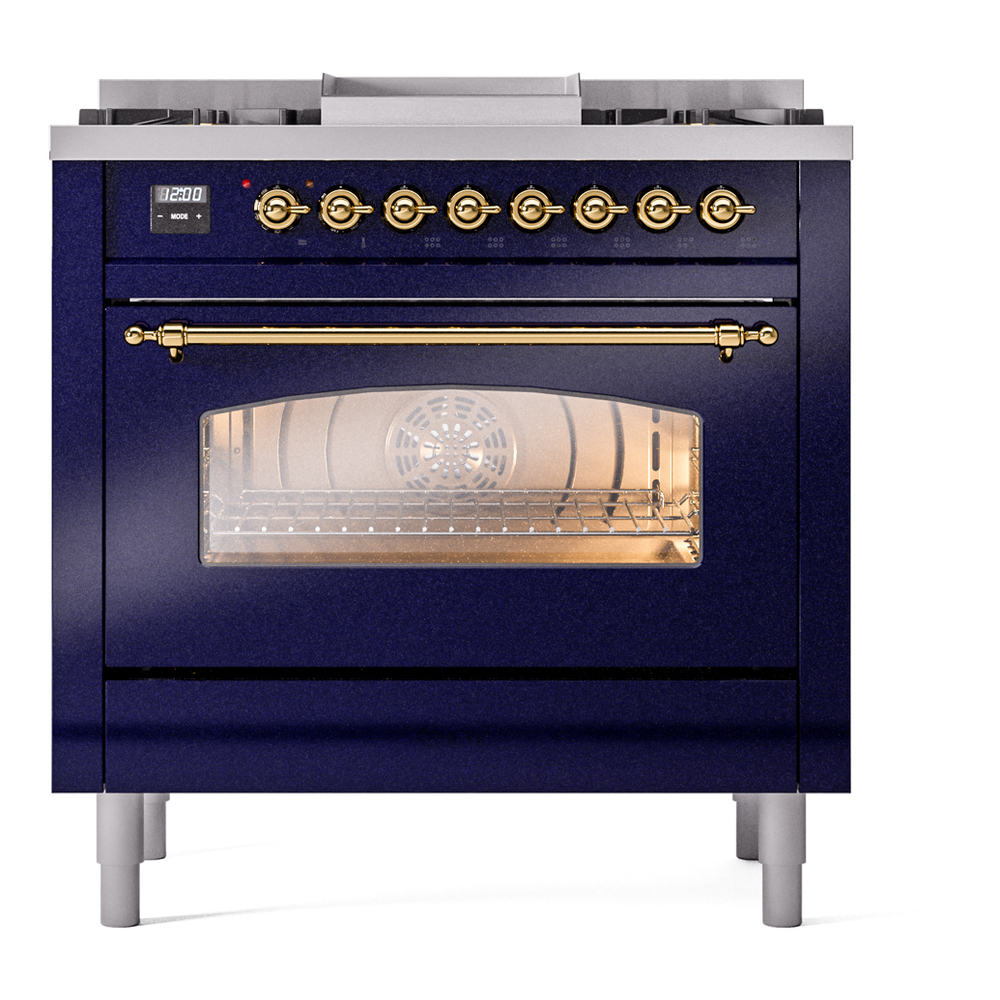 Nostalgie II 36 UP36FNMPMBG Freestanding Dual Fuel Range with 6 Sealed Burners with Griddle Single Oven with Triple Glass Door with Brass knobs UP36FNMPMBG
