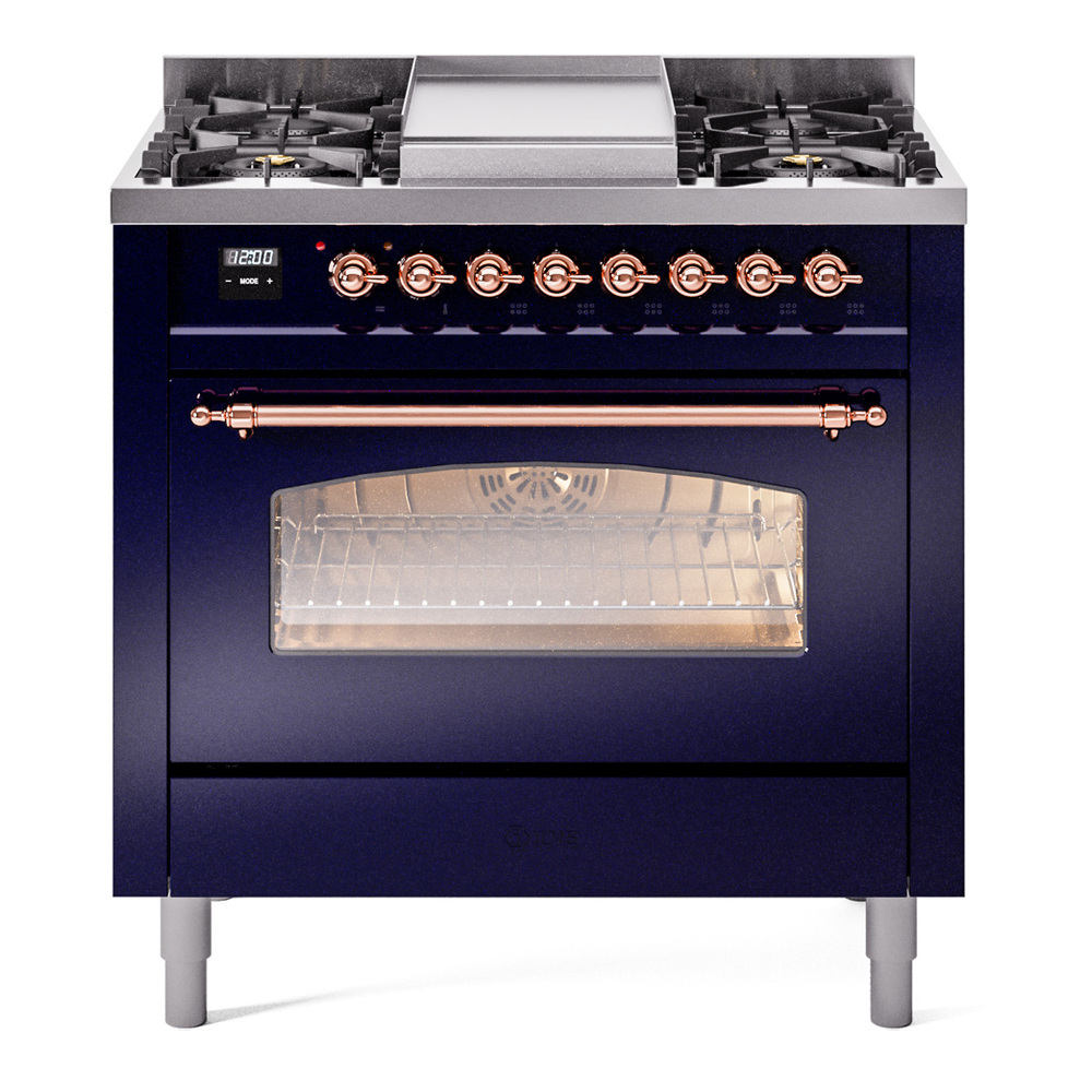 Nostalgie II 36 UP36FNMPMBP Freestanding Dual Fuel Range with 6 Sealed Burners with Griddle Single Oven with Triple Glass Door with Copper knobs UP36FNMPMBP