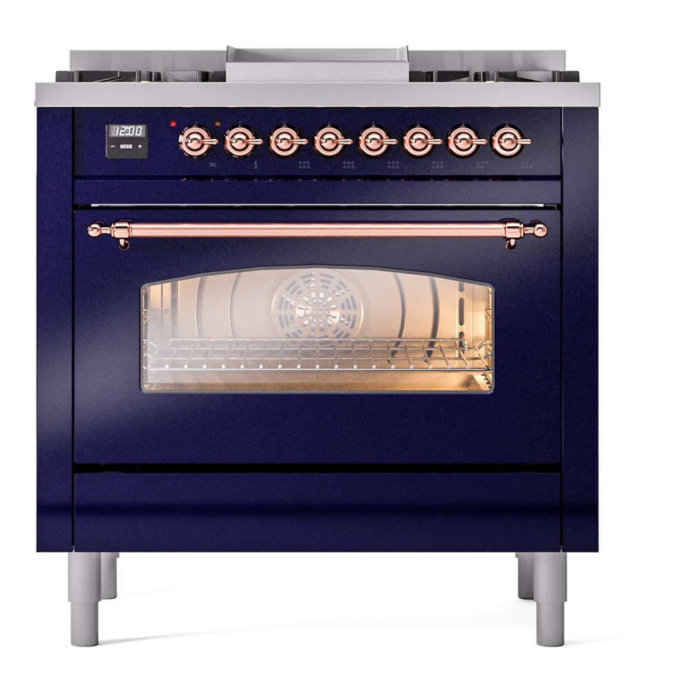 Nostalgie II 36 UP36FNMPMBP Freestanding Dual Fuel Range with 6 Sealed Burners with Griddle Single Oven with Triple Glass Door with Copper knobs UP36FNMPMBP