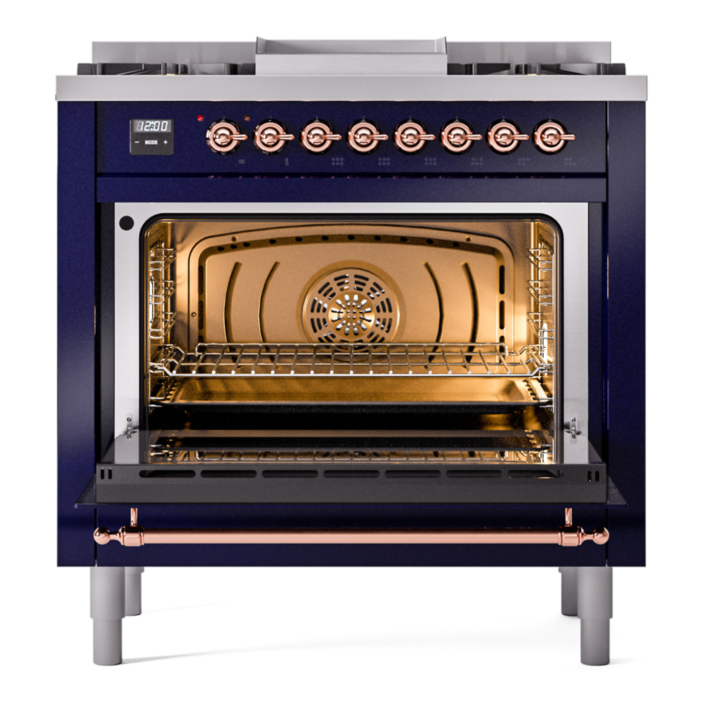 Nostalgie II 36 UP36FNMPMBP Freestanding Dual Fuel Range with 6 Sealed Burners with Griddle Single Oven with Triple Glass Door with Copper knobs UP36FNMPMBP