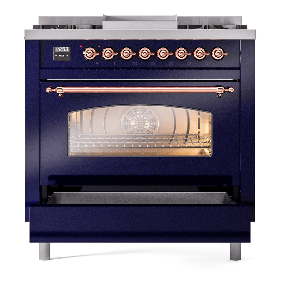 Nostalgie II 36 UP36FNMPMBP Freestanding Dual Fuel Range with 6 Sealed Burners with Griddle Single Oven with Triple Glass Door with Copper knobs UP36FNMPMBP