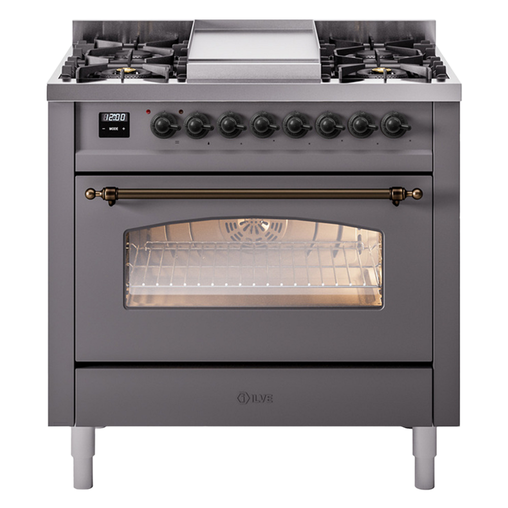 Nostalgie II 36 UP36FNMPMGB Freestanding Dual Fuel Range with 6 Sealed Burners with Griddle Single Oven with Triple Glass Door with Bronze knobs UP36FNMPMGBLP