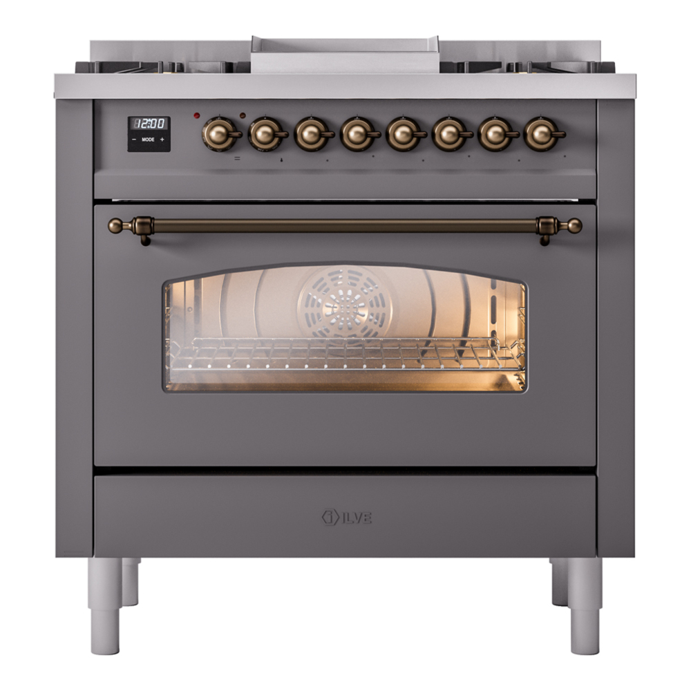 Nostalgie II 36 UP36FNMPMGB Freestanding Dual Fuel Range with 6 Sealed Burners with Griddle Single Oven with Triple Glass Door with Bronze knobs UP36FNMPMGBLP