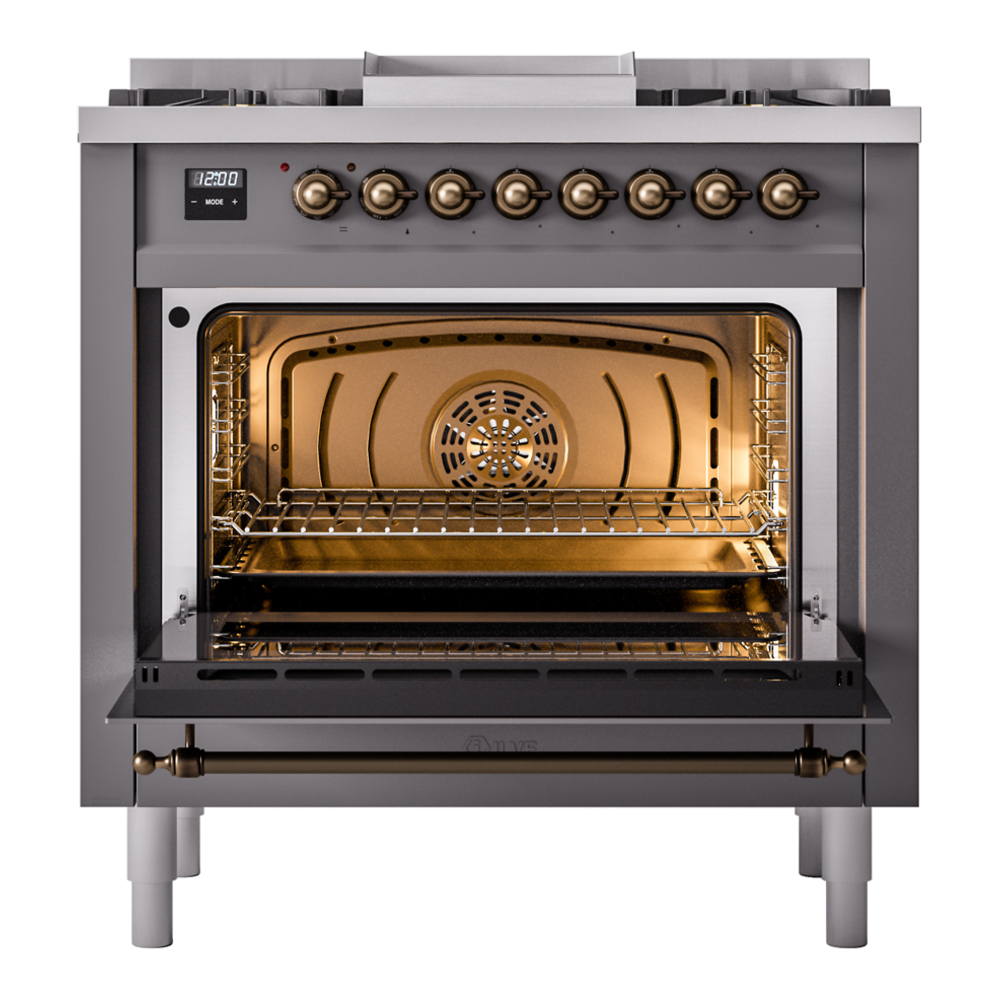 Nostalgie II 36 UP36FNMPMGB Freestanding Dual Fuel Range with 6 Sealed Burners with Griddle Single Oven with Triple Glass Door with Bronze knobs UP36FNMPMGBLP