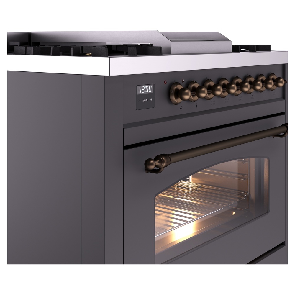 Nostalgie II 36 UP36FNMPMGB Freestanding Dual Fuel Range with 6 Sealed Burners with Griddle Single Oven with Triple Glass Door with Bronze knobs UP36FNMPMGBLP
