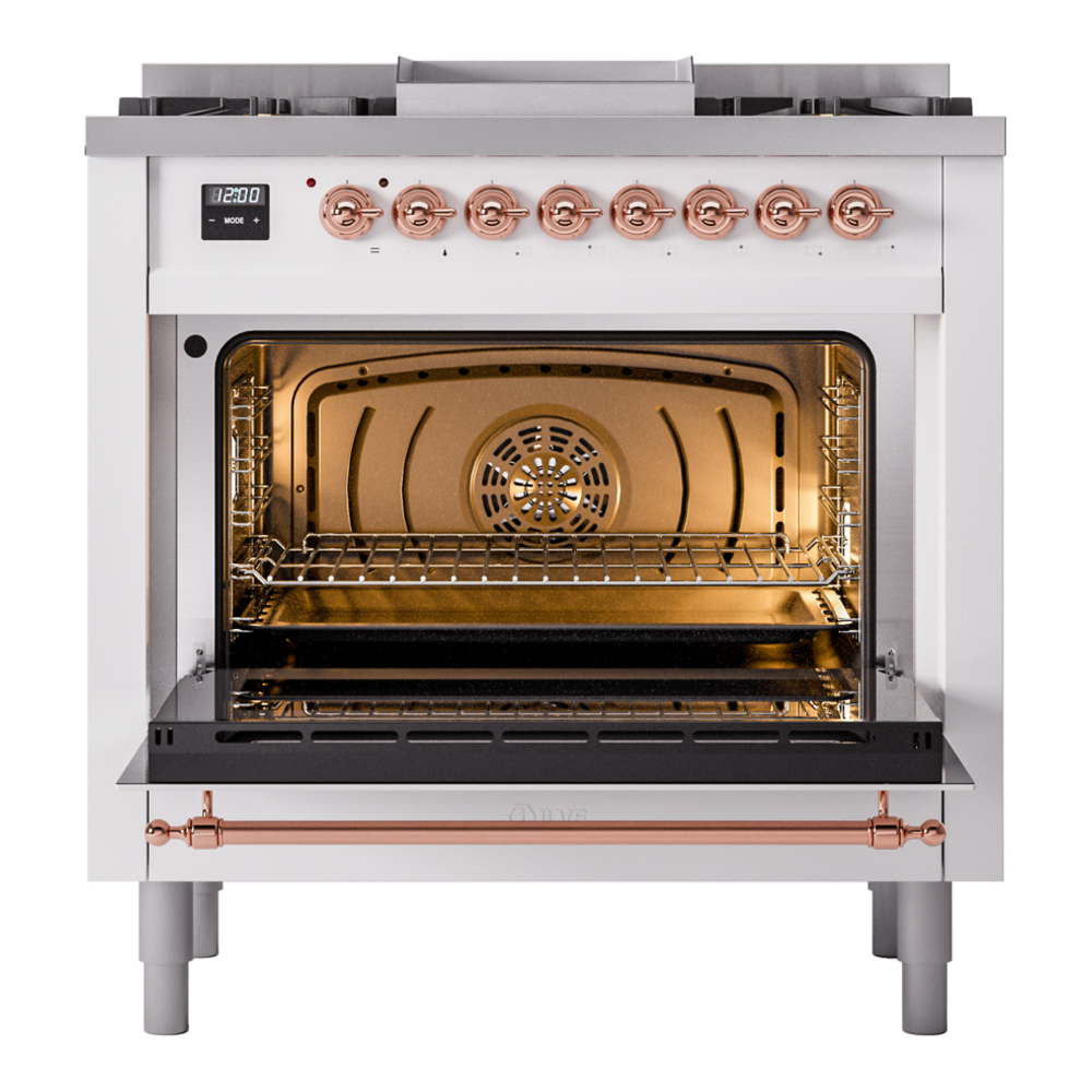 Nostalgie II 36 UP36FNMPRAP Freestanding Dual Fuel Range with 6 Sealed Burners with Griddle Single Oven with Triple Glass Door with Copper knobs UP36FNMPRAPLP