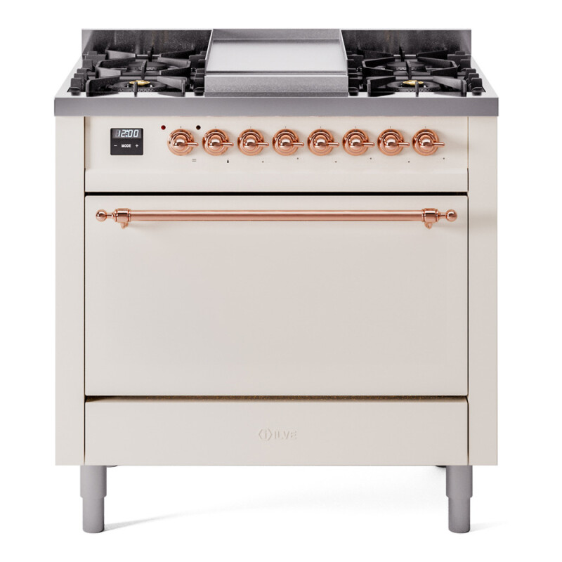 Nostalgie II 36 UP36FQNMPAWP Freestanding Dual Fuel Range with 6 Sealed Burners with Griddle Single Oven with Solid Door with Copper knobs UP36FQNMPAWP