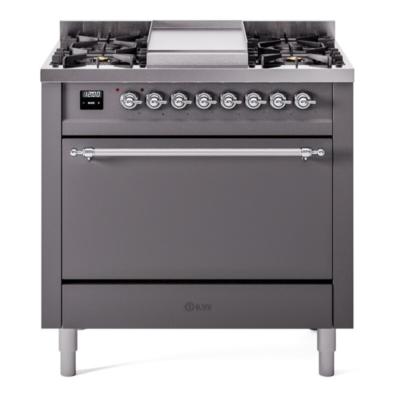 Nostalgie II 36 UP36FQNMPMGC Freestanding Dual Fuel Range with 6 Sealed Burners with Griddle Single Oven with Solid Door with Chrome knobs UP36FQNMPMGC