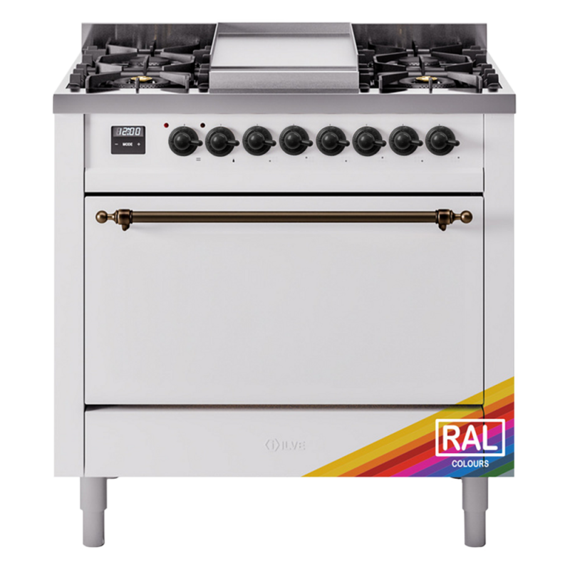 Nostalgie II 36 UP36FQNMPRAB Freestanding Dual Fuel Range with 6 Sealed Burners with Griddle Single Oven with Solid Door with Bronze knobs UP36FQNMPRAB