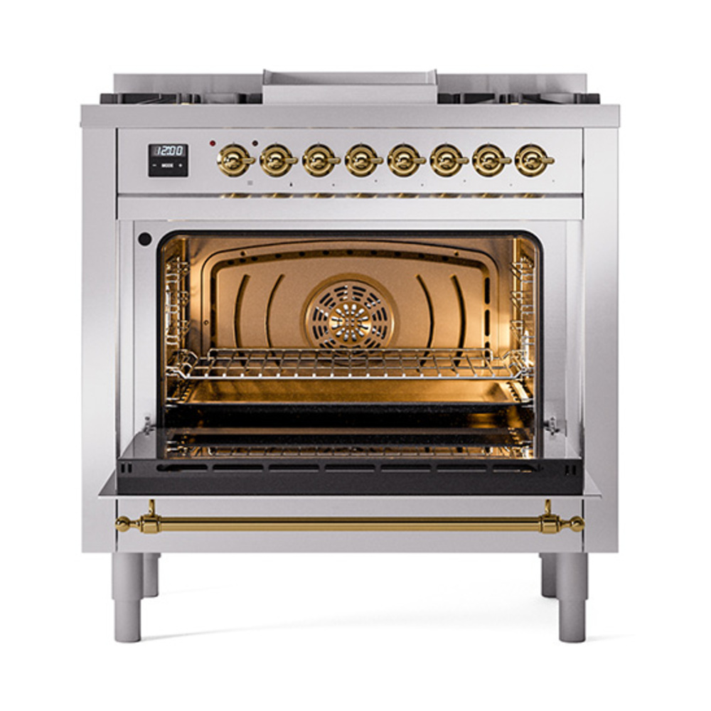 Nostalgie II 36 UP36FQNMPSSG Freestanding Dual Fuel Range with 6 Sealed Burners with Griddle Single Oven with Solid Door with Brass knobs UP36FQNMPSSGLP