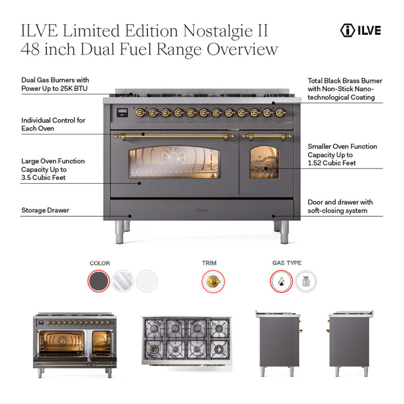 Nostalgie II 48 inch Dual Fuel Range with 8 Total Black Sealed Burners, Trim UP488NMPWHGLP