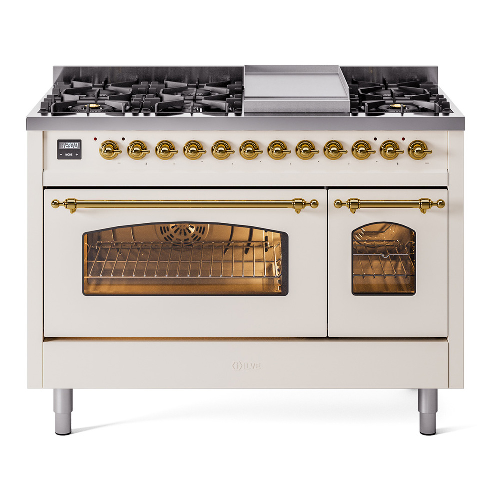 Nostalgie II 48 UP48FNMPAWG Freestanding Dual Fuel Range with 8 Sealed Burners with Griddle Double Oven with Triple Glass Door with Brass knobs UP48FNMPAWGLP