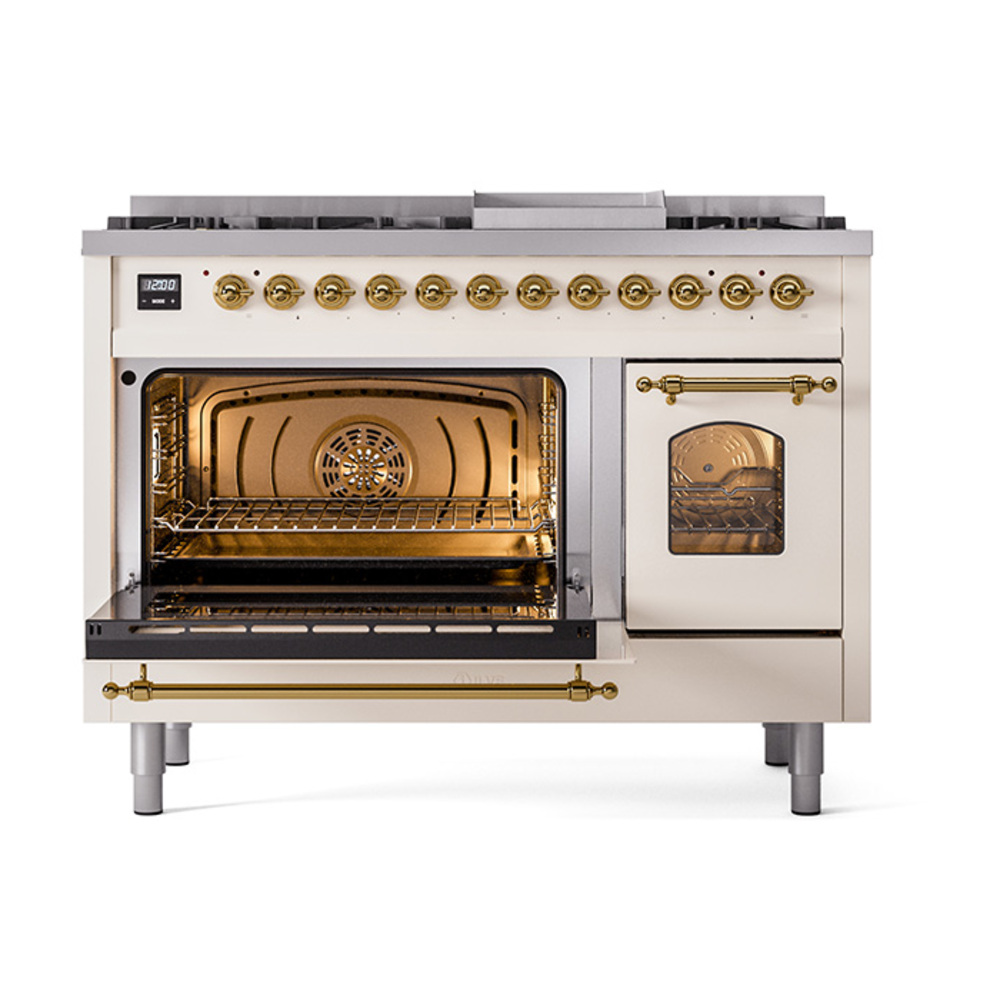 Nostalgie II 48 UP48FNMPAWG Freestanding Dual Fuel Range with 8 Sealed Burners with Griddle Double Oven with Triple Glass Door with Brass knobs UP48FNMPAWGLP