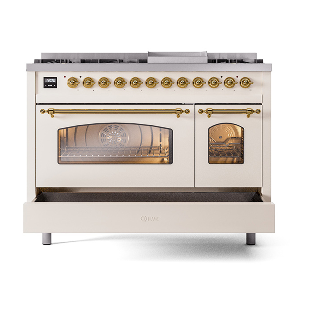 Nostalgie II 48 UP48FNMPAWG Freestanding Dual Fuel Range with 8 Sealed Burners with Griddle Double Oven with Triple Glass Door with Brass knobs UP48FNMPAWGLP