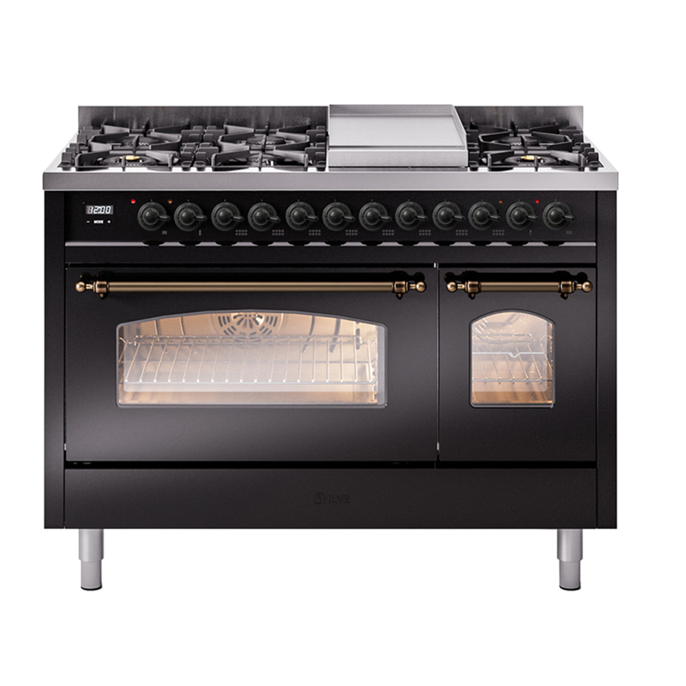 Nostalgie II 48 UP48FNMPBKB Freestanding Dual Fuel Range with 8 Sealed Burners with Griddle Double Oven with Triple Glass Door with Bronze knobs UP48FNMPBKBLP
