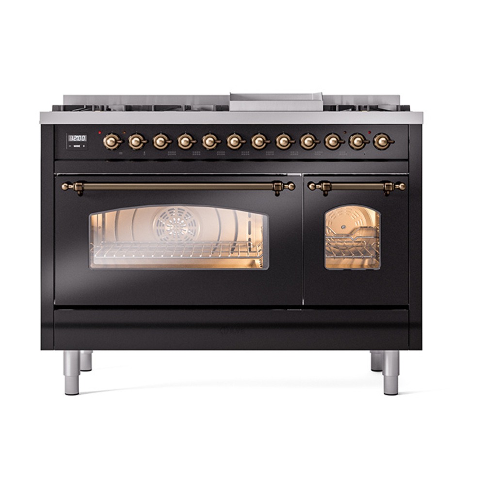 Nostalgie II 48 UP48FNMPBKB Freestanding Dual Fuel Range with 8 Sealed Burners with Griddle Double Oven with Triple Glass Door with Bronze knobs UP48FNMPBKBLP