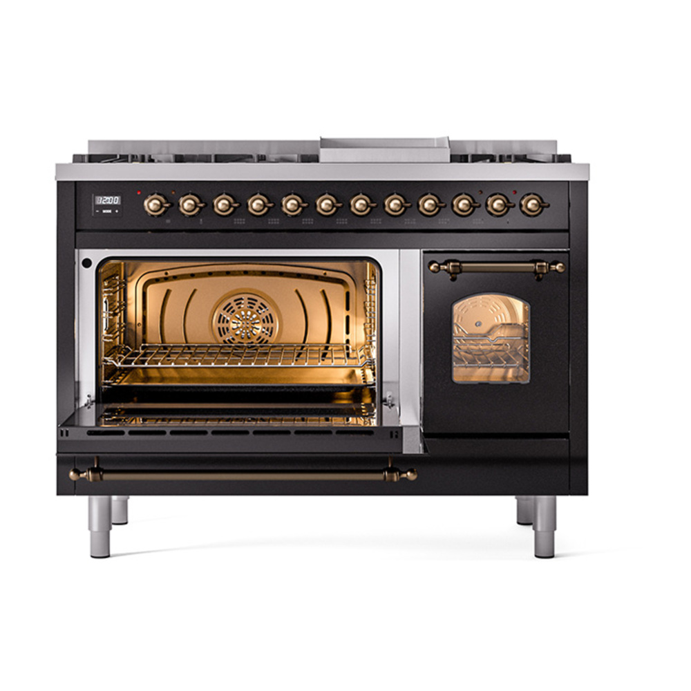 Nostalgie II 48 UP48FNMPBKB Freestanding Dual Fuel Range with 8 Sealed Burners with Griddle Double Oven with Triple Glass Door with Bronze knobs UP48FNMPBKBLP
