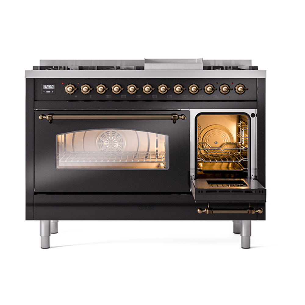 Nostalgie II 48 UP48FNMPBKB Freestanding Dual Fuel Range with 8 Sealed Burners with Griddle Double Oven with Triple Glass Door with Bronze knobs UP48FNMPBKBLP