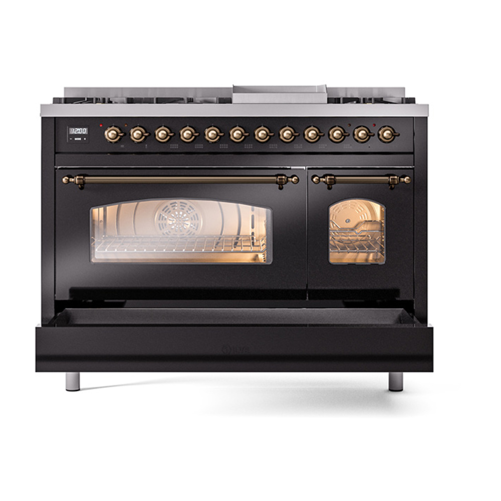 Nostalgie II 48 UP48FNMPBKB Freestanding Dual Fuel Range with 8 Sealed Burners with Griddle Double Oven with Triple Glass Door with Bronze knobs UP48FNMPBKBLP