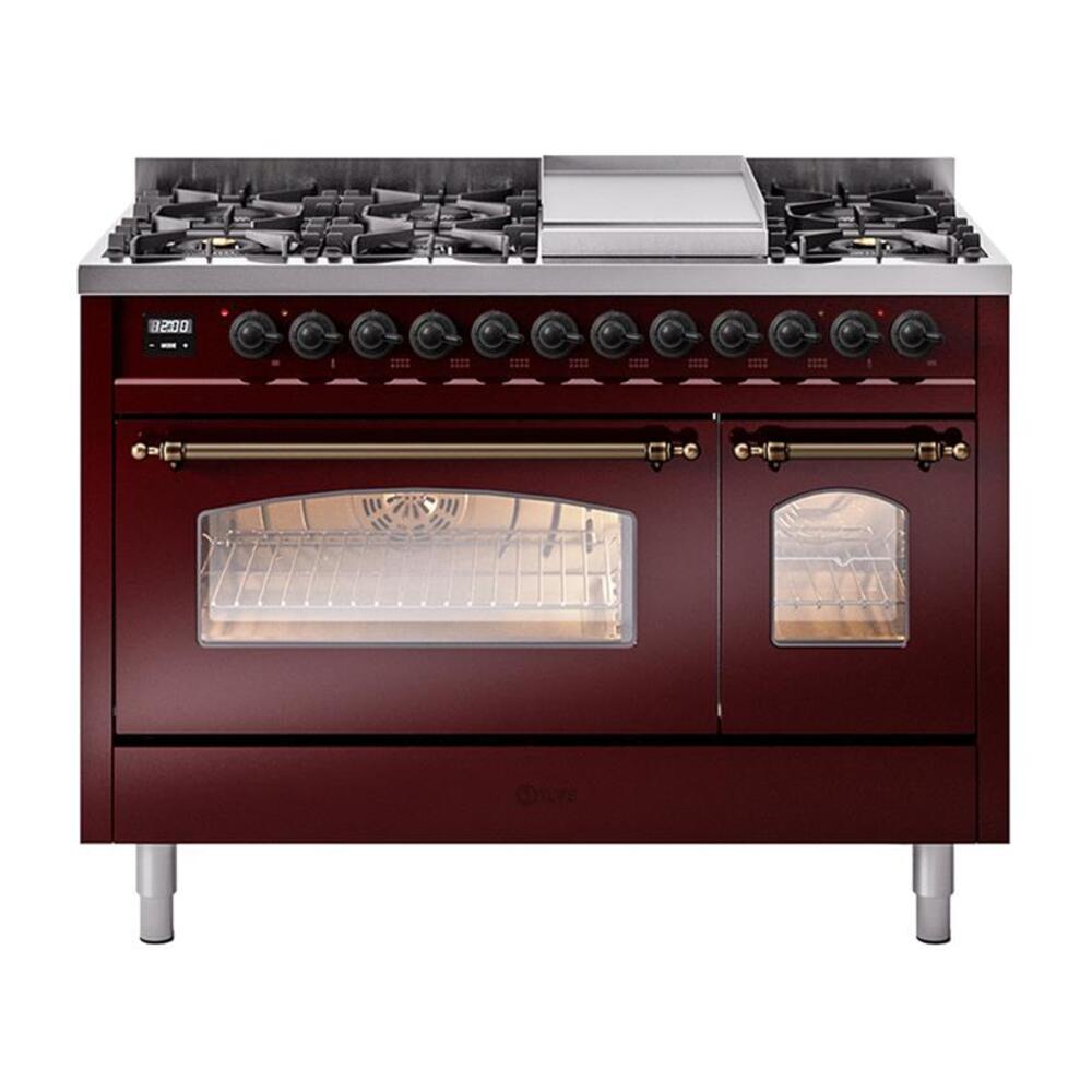 Nostalgie II 48 UP48FNMPBUB Freestanding Dual Fuel Range with 8 Sealed Burners with Griddle Double Oven with Triple Glass Door with Bronze knobs UP48FNMPBUBLP