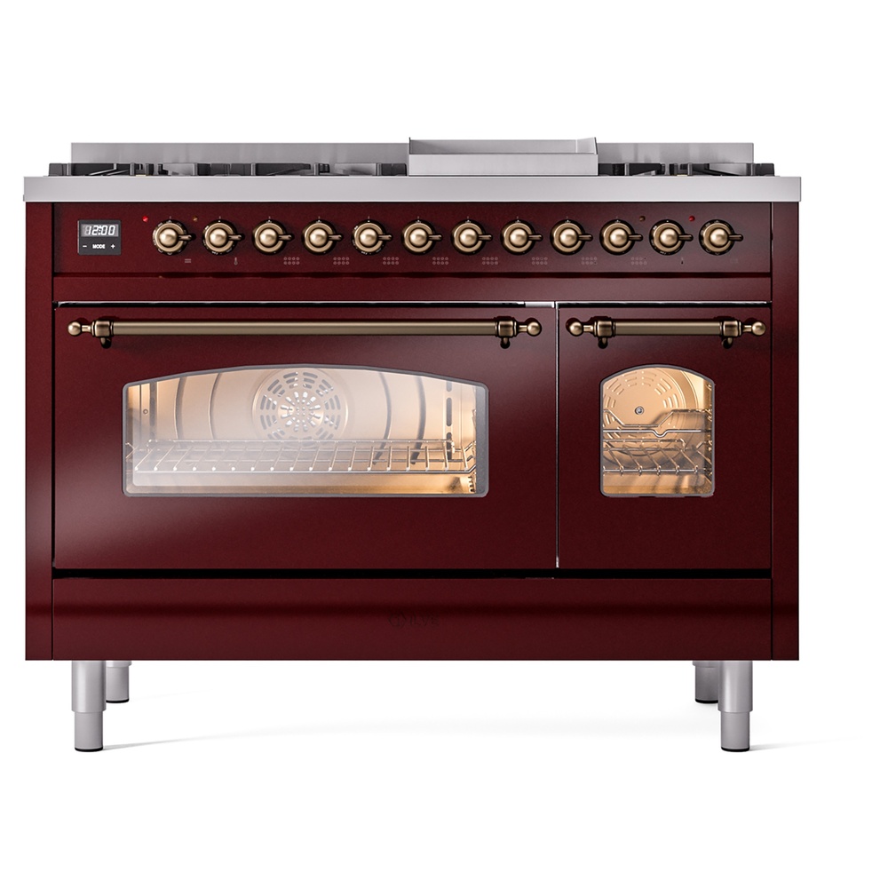 Nostalgie II 48 UP48FNMPBUB Freestanding Dual Fuel Range with 8 Sealed Burners with Griddle Double Oven with Triple Glass Door with Bronze knobs UP48FNMPBUBLP