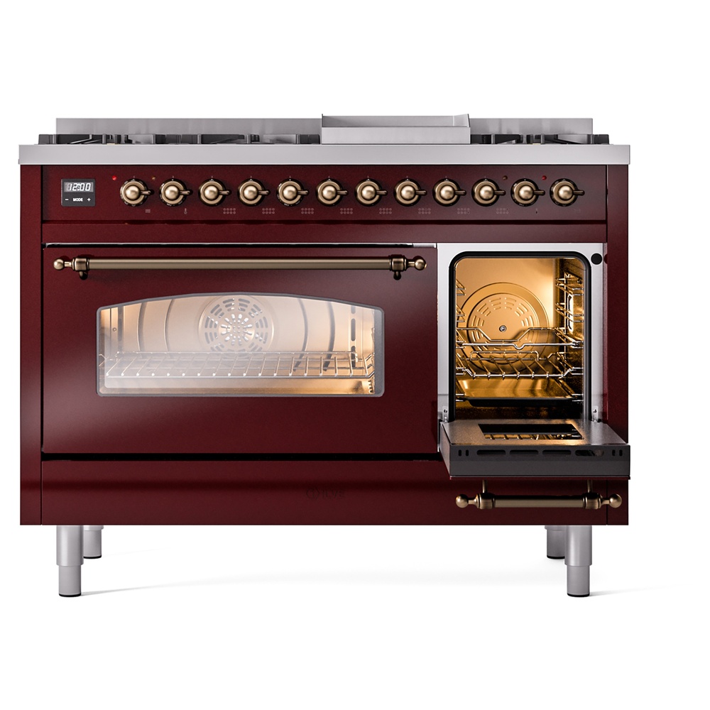 Nostalgie II 48 UP48FNMPBUB Freestanding Dual Fuel Range with 8 Sealed Burners with Griddle Double Oven with Triple Glass Door with Bronze knobs UP48FNMPBUBLP