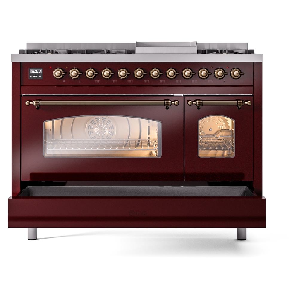 Nostalgie II 48 UP48FNMPBUB Freestanding Dual Fuel Range with 8 Sealed Burners with Griddle Double Oven with Triple Glass Door with Bronze knobs UP48FNMPBUBLP