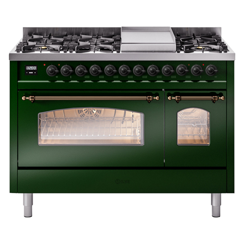 Nostalgie II 48 UP48FNMPEGB Freestanding Dual Fuel Range with 8 Sealed Burners with Griddle Double Oven with Triple Glass Door with Bronze knobs UP48FNMPEGBLP