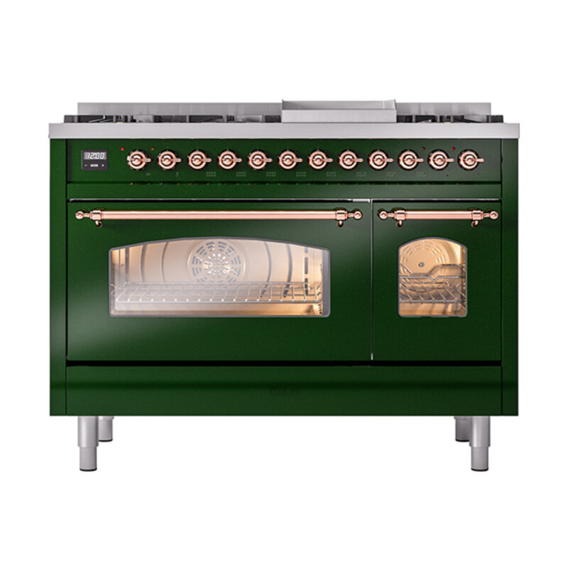 Nostalgie II 48 UP48FNMPEGP Freestanding Dual Fuel Range with 8 Sealed Burners with Griddle Double Oven with Triple Glass Door with Copper knobs UP48FNMPEGP