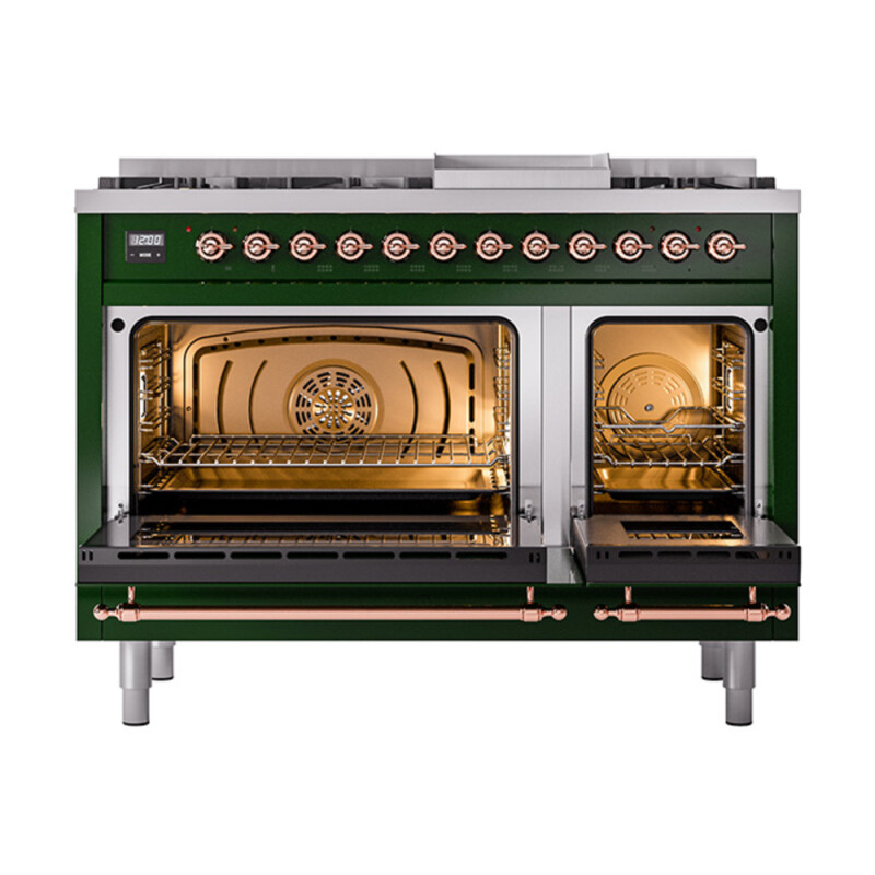 Nostalgie II 48 UP48FNMPEGP Freestanding Dual Fuel Range with 8 Sealed Burners with Griddle Double Oven with Triple Glass Door with Copper knobs UP48FNMPEGP