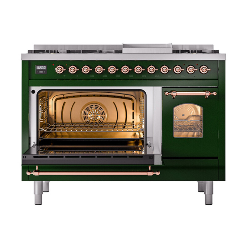 Nostalgie II 48 UP48FNMPEGP Freestanding Dual Fuel Range with 8 Sealed Burners with Griddle Double Oven with Triple Glass Door with Copper knobs UP48FNMPEGP