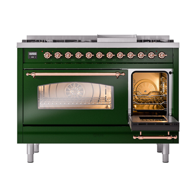Nostalgie II 48 UP48FNMPEGP Freestanding Dual Fuel Range with 8 Sealed Burners with Griddle Double Oven with Triple Glass Door with Copper knobs UP48FNMPEGP